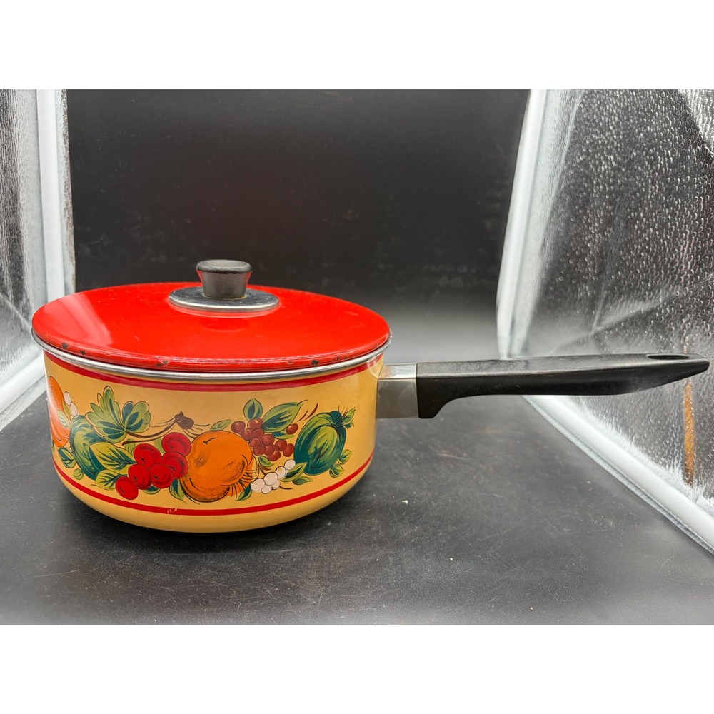 Vintage Enamelware Saucepan with Red Lid Fruit Floral Motif Yellow Pot